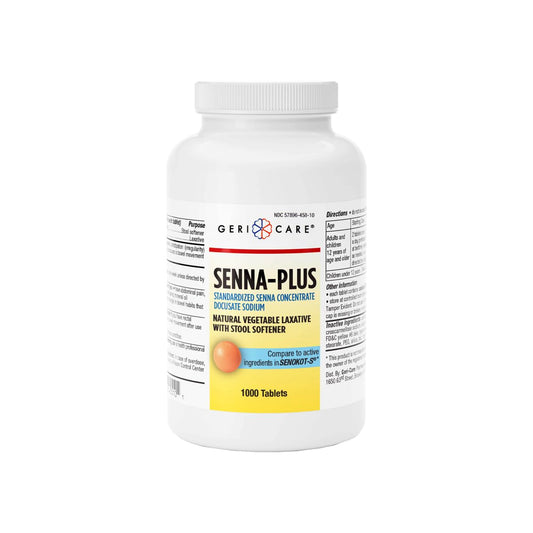 GeriCare Senna Plus laxative bottle front, viewer-facing for trust and daily use