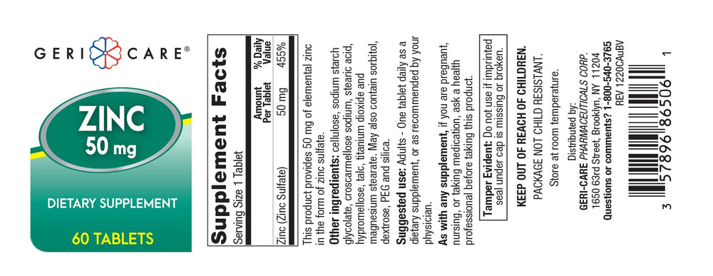 Close-up of GeriCare Zinc Sulfate 220mg bottle label