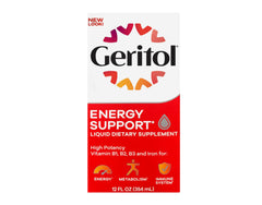 Front label of Geritol Liquid Energy Support B-Vitamins 12 oz bottle, pack of 2