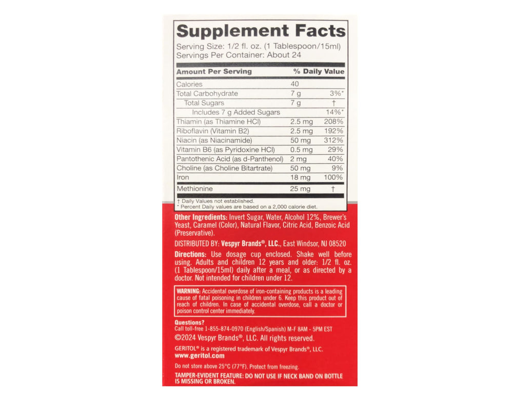 Ingredients list for Geritol Liquid Energy Support B-Vitamins 12 oz