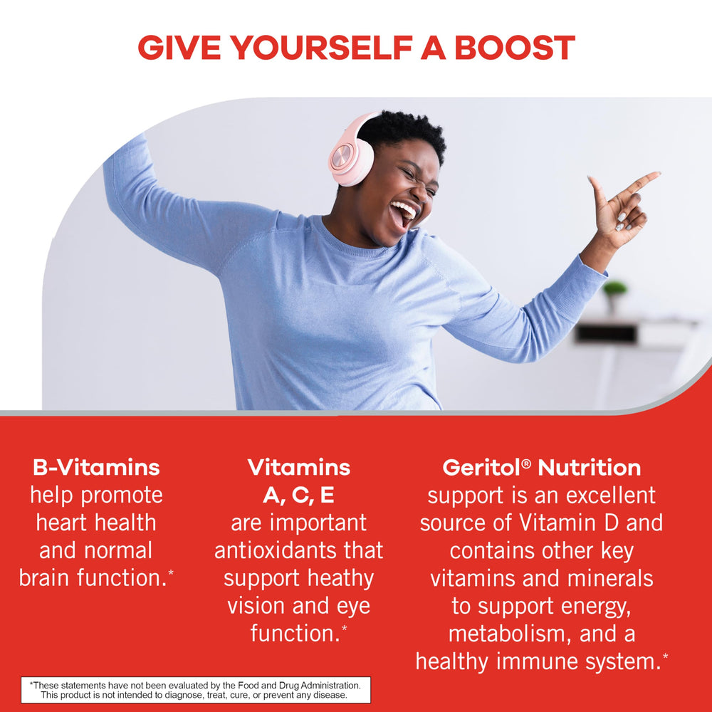 Gluten-free and non-GMO icons on Geritol packaging
