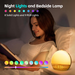 Geuuap wood grain white noise clock bedside setup with soft ambient glow