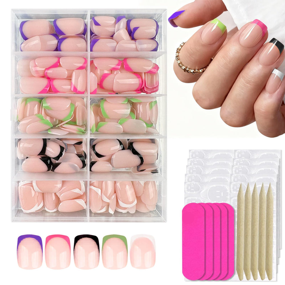 Geyakal French tip nails short square with glossy designs for at-home manicure variety.