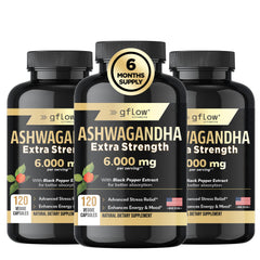 Gflow Ashwagandha 6000mg bottle for daily energy and mood balance.