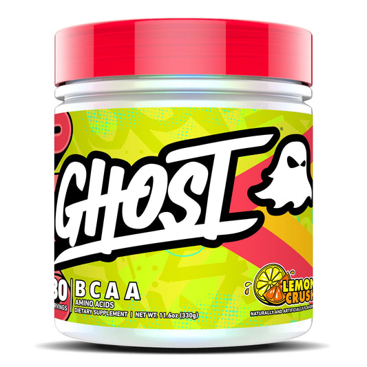 GHOST BCAA Lemon Crush front view bottle showing 30 servings