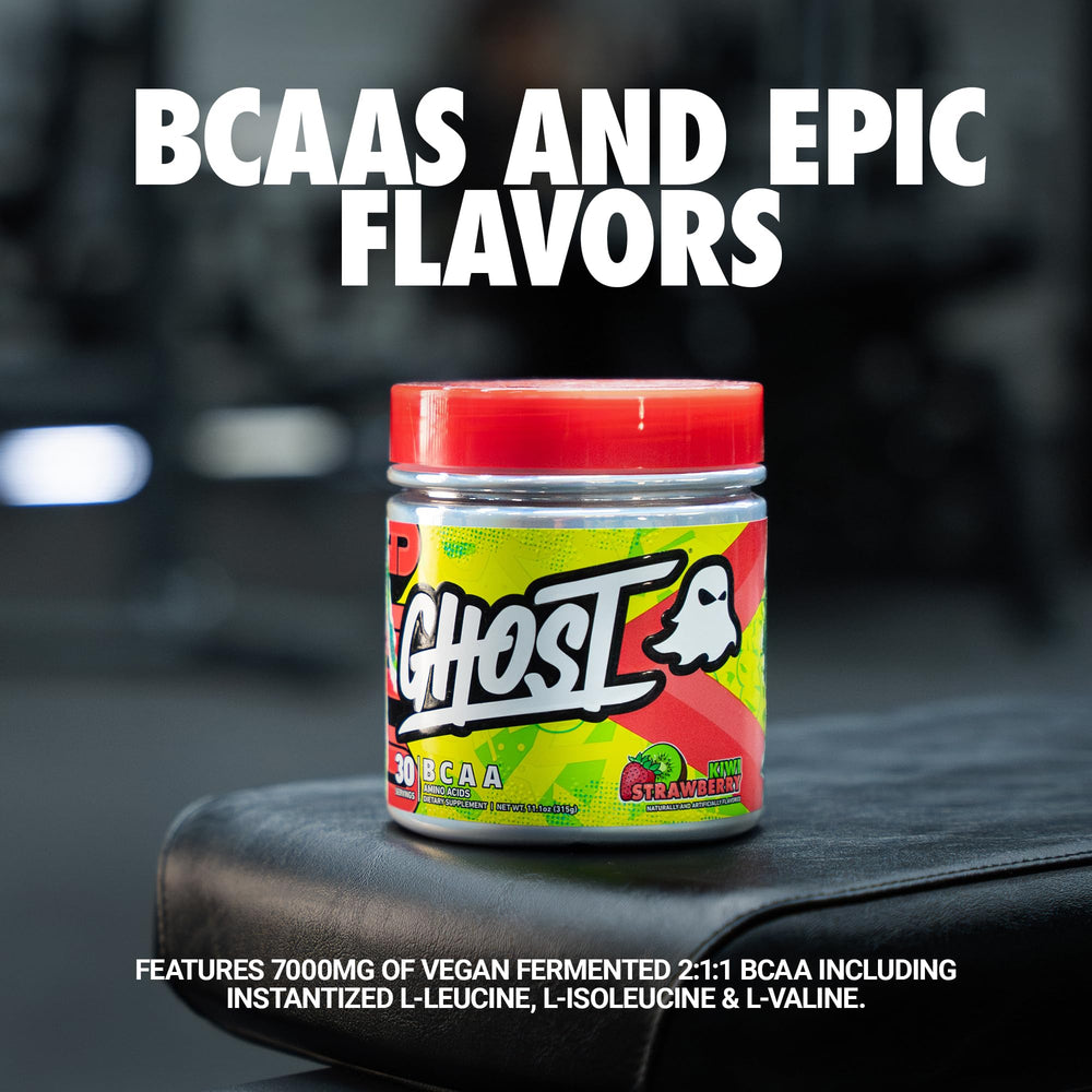 Close-up of GHOST BCAA Kiwi Strawberry flavor label