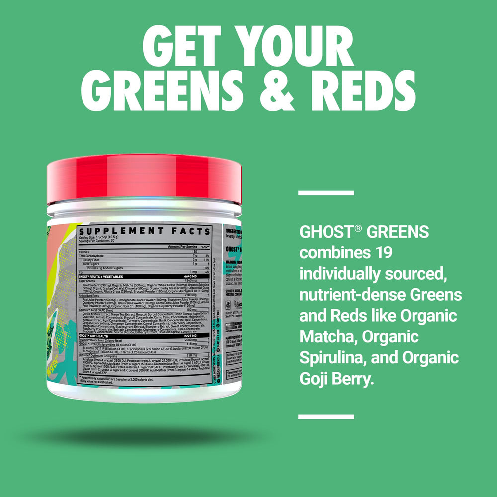 GHOST Greens Guava Berry tub with scoop suggests easy daily servings