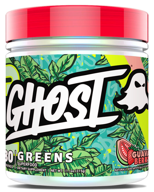 GHOST Greens Powder Guava Berry tub front label, 30 servings
