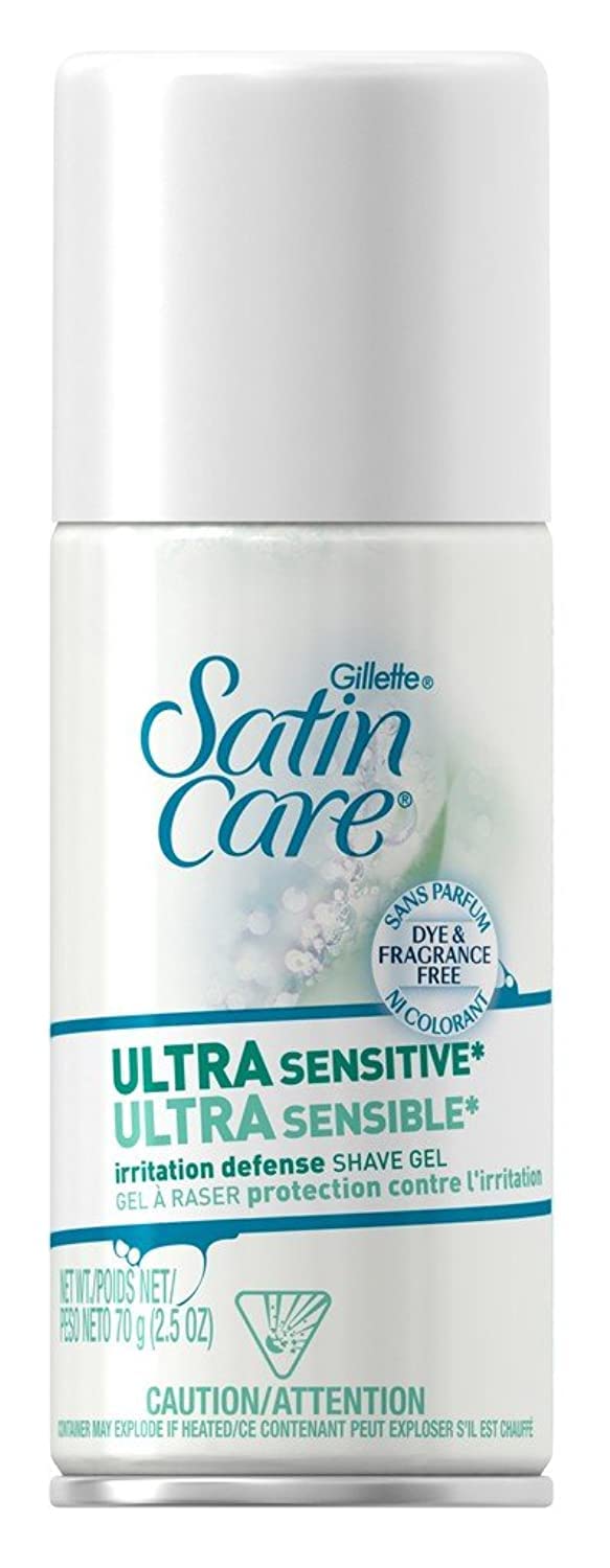 Gillette Satin Care Ultra Sensitive shave gel bottle highlighting irritation defense.