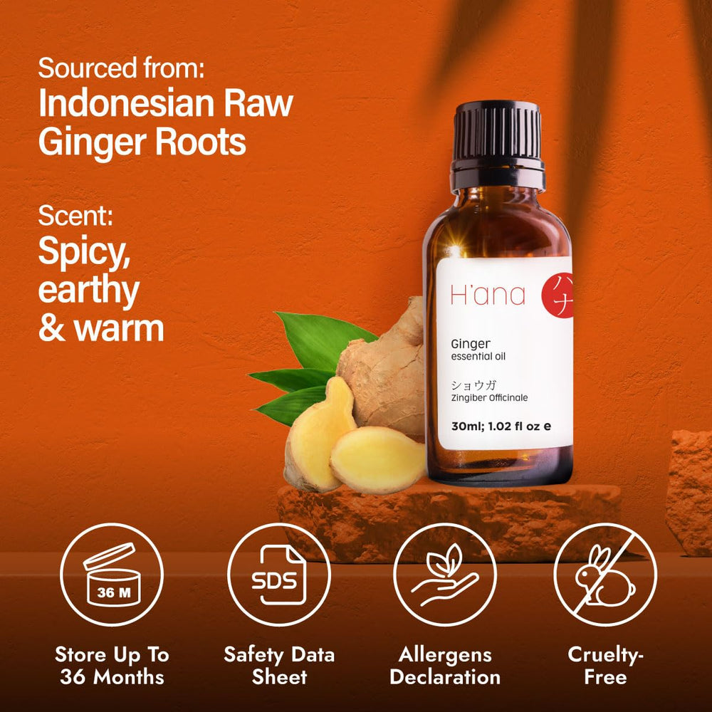 Close-up of H'ana Ginger Essential Oil bottle