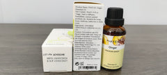 Close-up of ginger essential oil bottle label and dropper