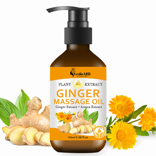 Ginger Massage Oil bottle with warm spa lighting