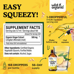 Close-up of ginger extract drops showing 500 mg per serving
