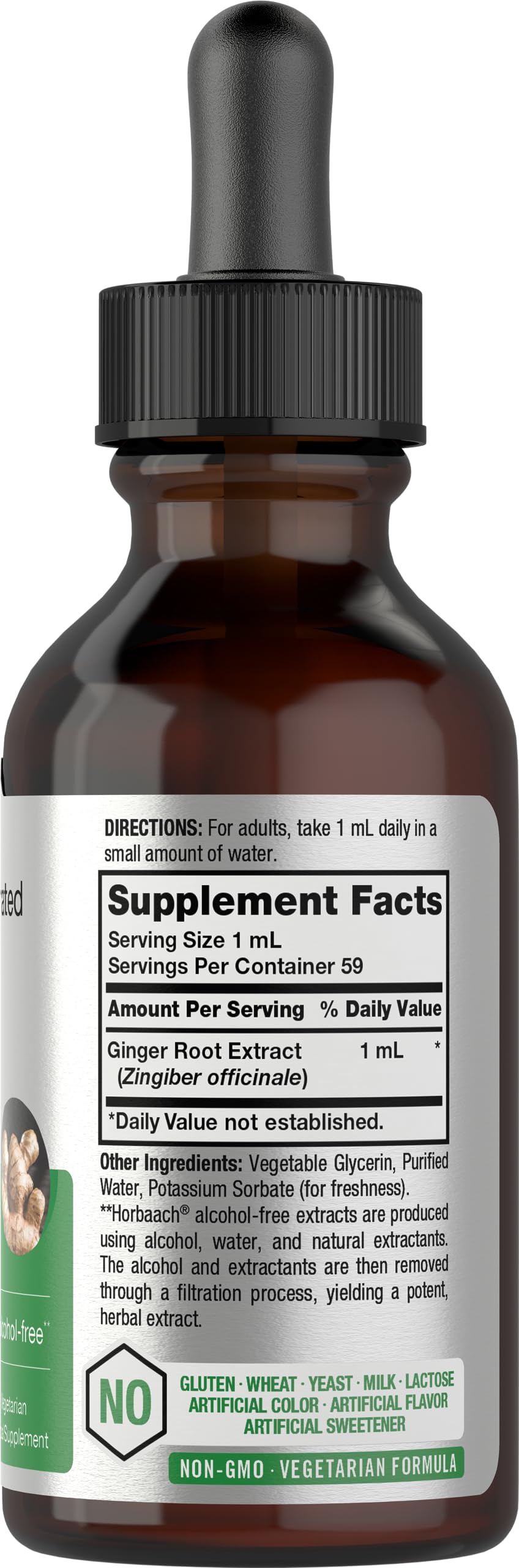 Ginger root liquid extract label indicating gluten-free and non-GMO