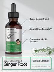 Close-up of ginger root liquid extract bottle with vegetarian-friendly label