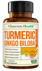 Ginkgo Biloba and Turmeric supplement bottle with 60 vegan capsules (hero image)
