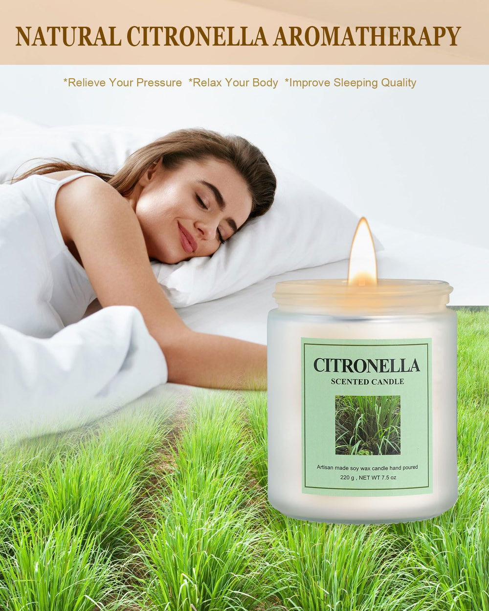 Close-up of natural soy wax citronella candle jar