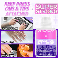 Glamonade applies glue to nail tip for seamless press-on fit.