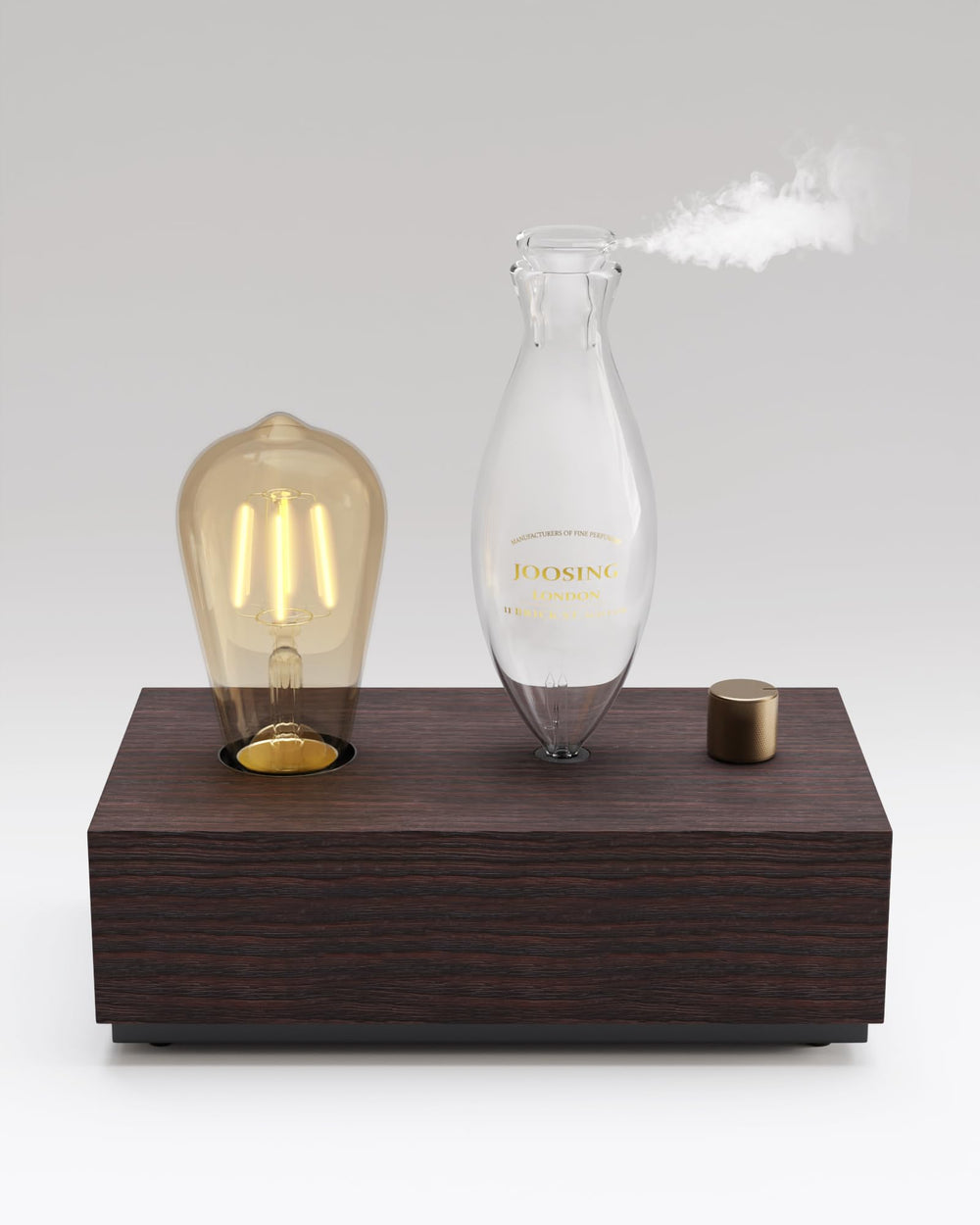 Glass essential oil diffuser with natural pine wood base