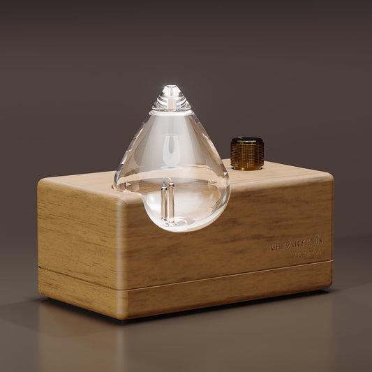 Glass essential oil diffuser with handmade wood base, front view
