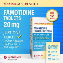 Glenmark Therapeutics famotidine 20mg label with dosing directions.