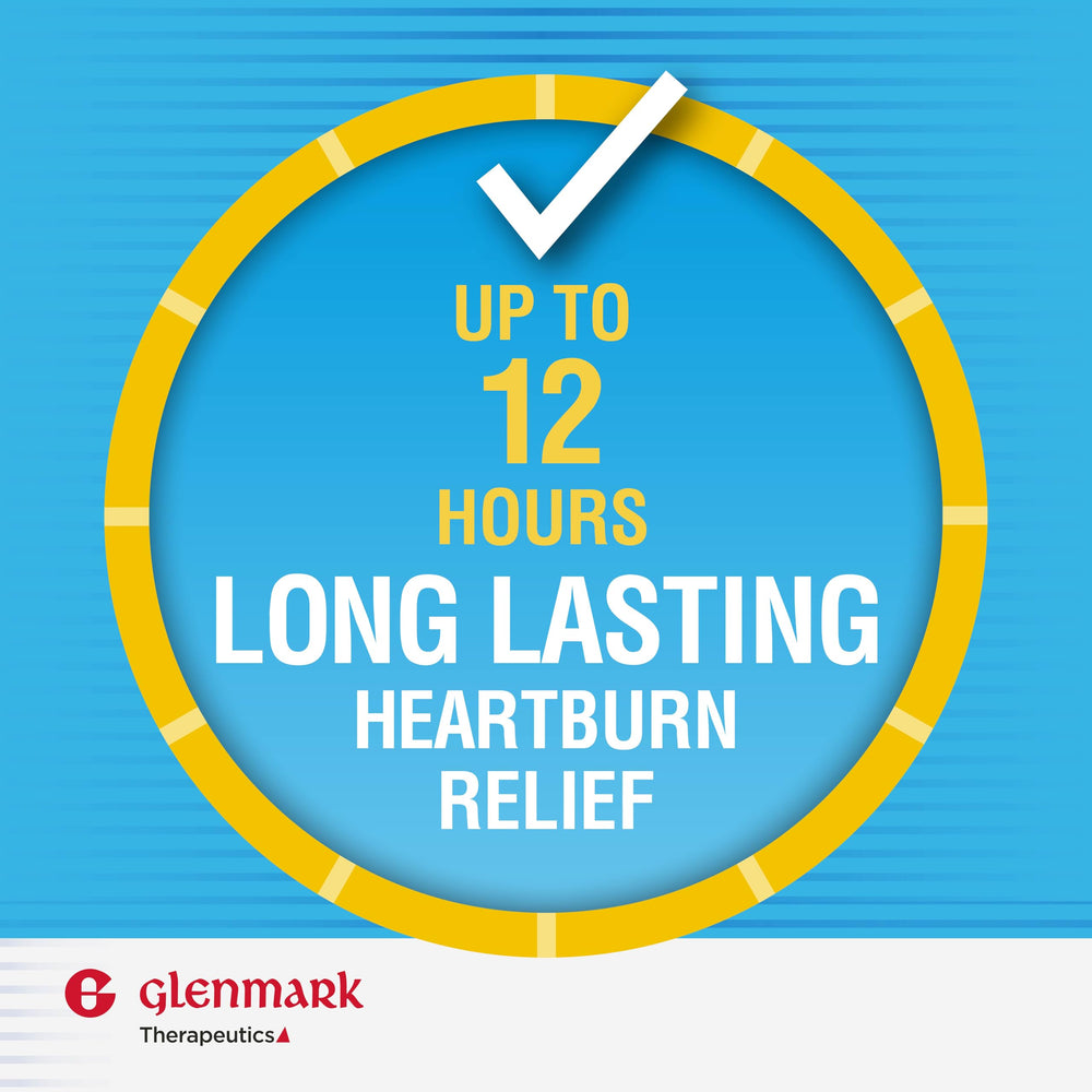 Glenmark Therapeutics open bottle with tablets for on-the-go heartburn support.