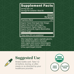 Global Healing Center Acid Reflux Relief label shows organic ingredients and 2 fl oz size
