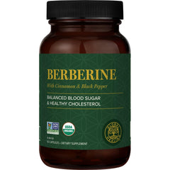Global Healing Center berberine bottle close-up with 1200 mg formula for metabolism support.