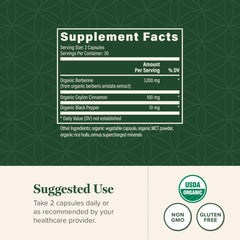 Close view of the berberine bottle label showing cinnamon and black pepper for enhanced absorption.