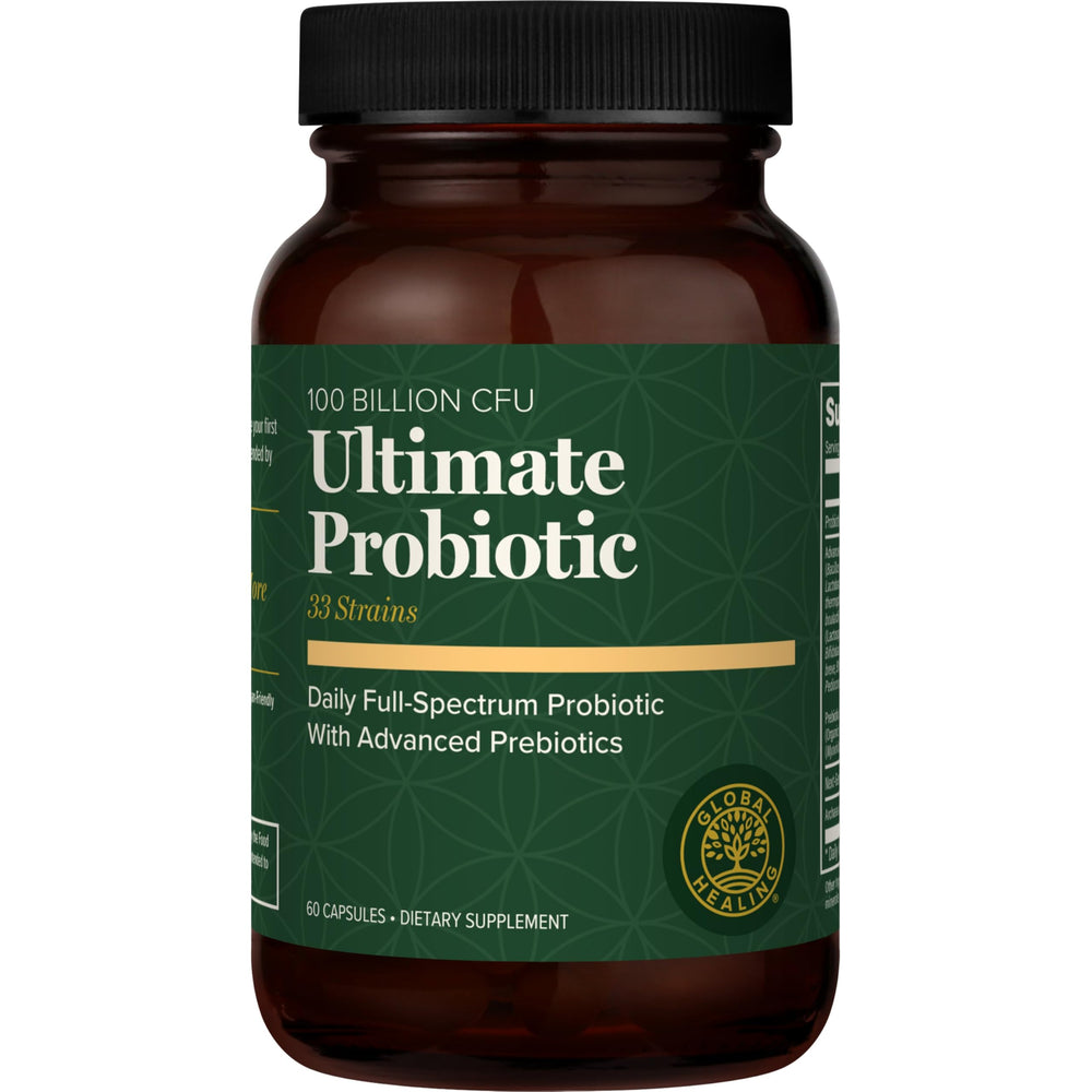 Global Healing Center Ultimate Probiotic bottle showing high-potency 75B CFU for gut balance.