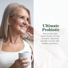 Global Healing Center Ultimate Probiotic label highlighting 25 strains and prebiotics for gut health.