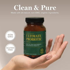 Packaging image of Global Healing Center Ultimate Probiotic illustrating quality standards.