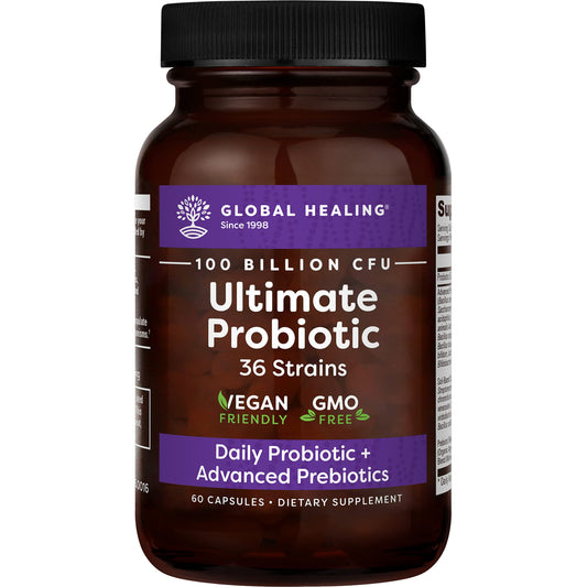 Global Healing Ultimate Probiotic Blend bottle on a clean backdrop