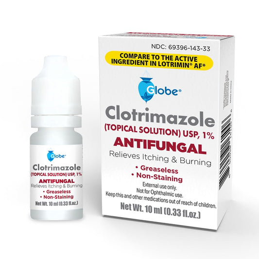 Globe Clotrimazole Solution 10ml bottle ready for quick, on-the-go relief.