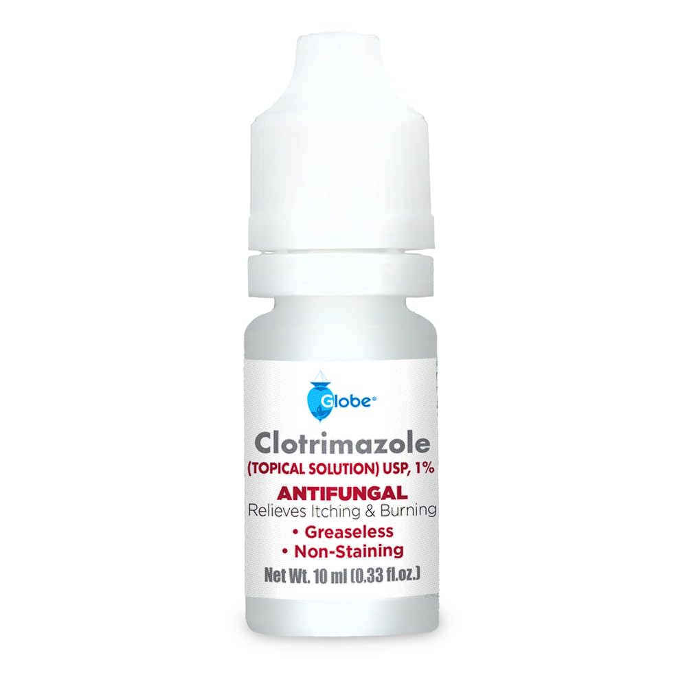 Globe Clotrimazole Solution compact bottle beside first-aid essentials for quick access.