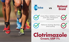 Globe Clotrimazole Solution label highlights active ingredient and usage guidance.