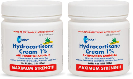 Globe Hydrocortisone 1% Aloe jar front for quick itch relief on irritated skin.