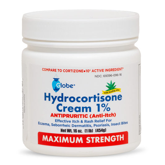 Globe hydrocortisone cream jar 16 oz with aloe delivers soothing itch relief for irritated skin.