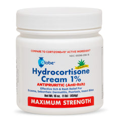 Globe hydrocortisone cream jar 16 oz with aloe delivers soothing itch relief for irritated skin.