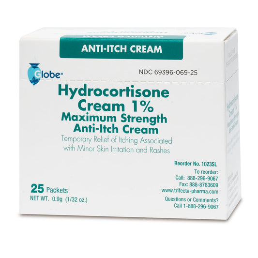 Globe Hydrocortisone cream packet in box for quick anti-itch relief
