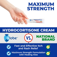 Globe Hydrocortisone Cream tube close-up showing 1% with Aloe for soothing relief