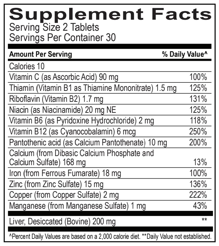 Dosage instructions indicating 2 tablets daily with food