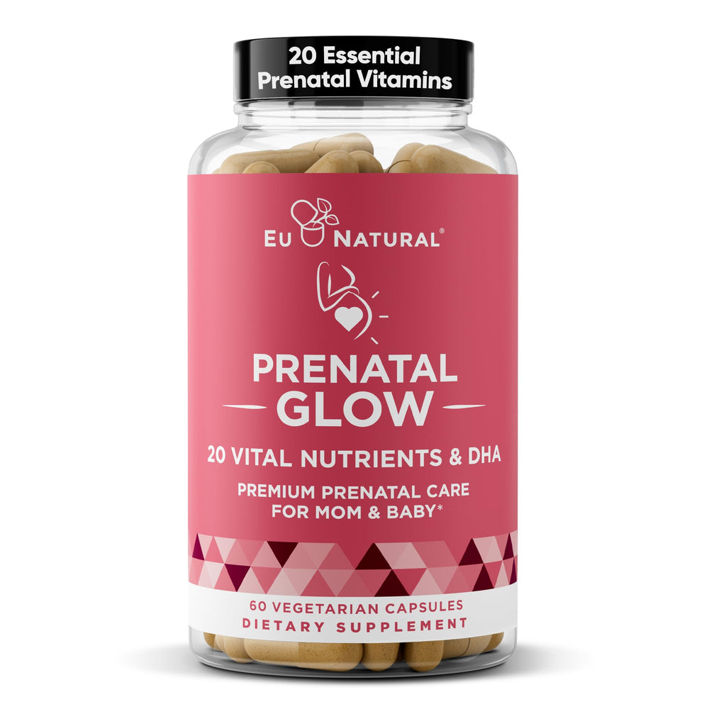 Glow Prenatal Vitamins bottle and packaging displaying 60 capsules