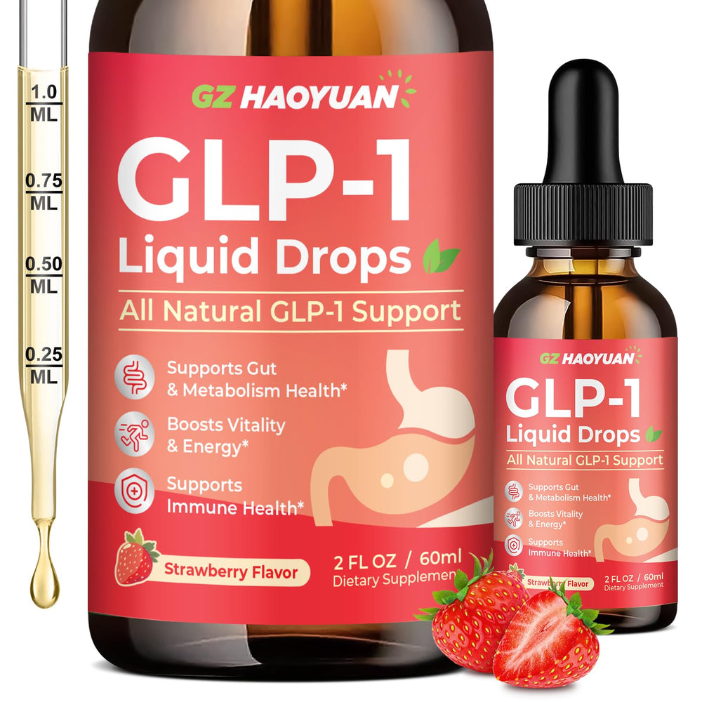GLP-1 liquid drops bottle with strawberry flavor label, 2 oz