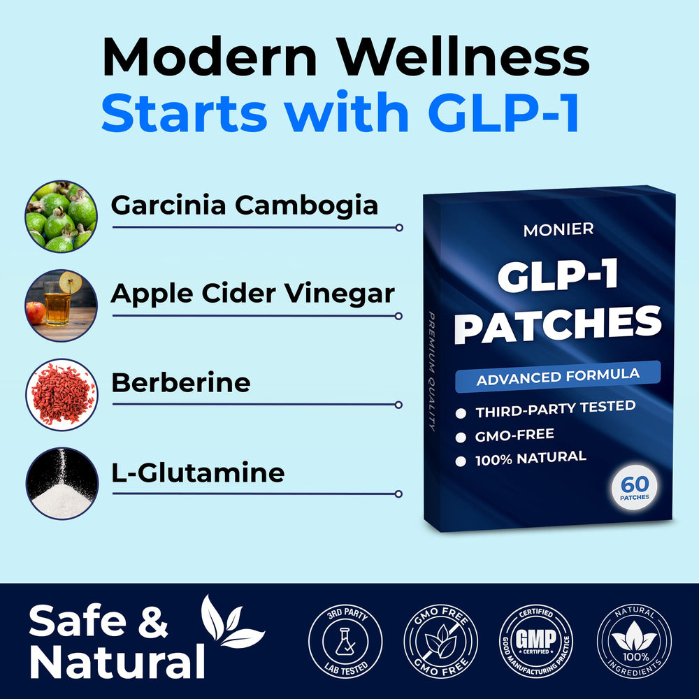 Patch ingredients include berberine, L-glutamine, garcinia cambogia, and resveratrol
