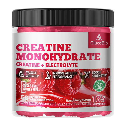 GlucoBio Creatine Monohydrate Gummies Raspberry 135-count packaging