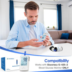 Glucoracy G-425-2 monitor with strip insertion shows compatibility