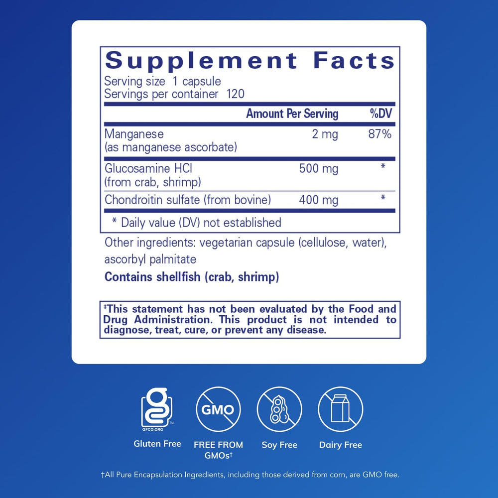 Product label for Pure Encapsulations Glucosamine Chondroitin with Manganese