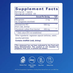 Product label for Pure Encapsulations Glucosamine Chondroitin with Manganese