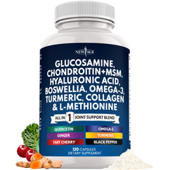 Bottle front view showing Glucosamine Chondroitin MSM Turmeric Collagen and Omega-3 for joint health